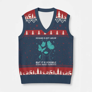 Sexual Assault Awareness V-Neck Knit Sweater Vest Healing Is Not Linear But It Is Possible TS14 Navy Red Print Your Wear