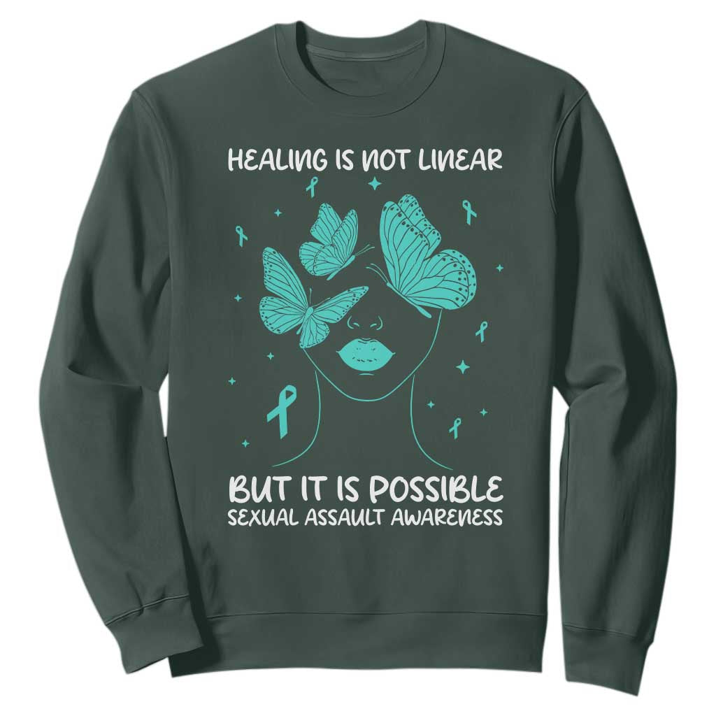Sexual Assault Awareness Sweatshirt Healing Is Not Linear But It Is Possible TS14 Dark Forest Green Print Your Wear
