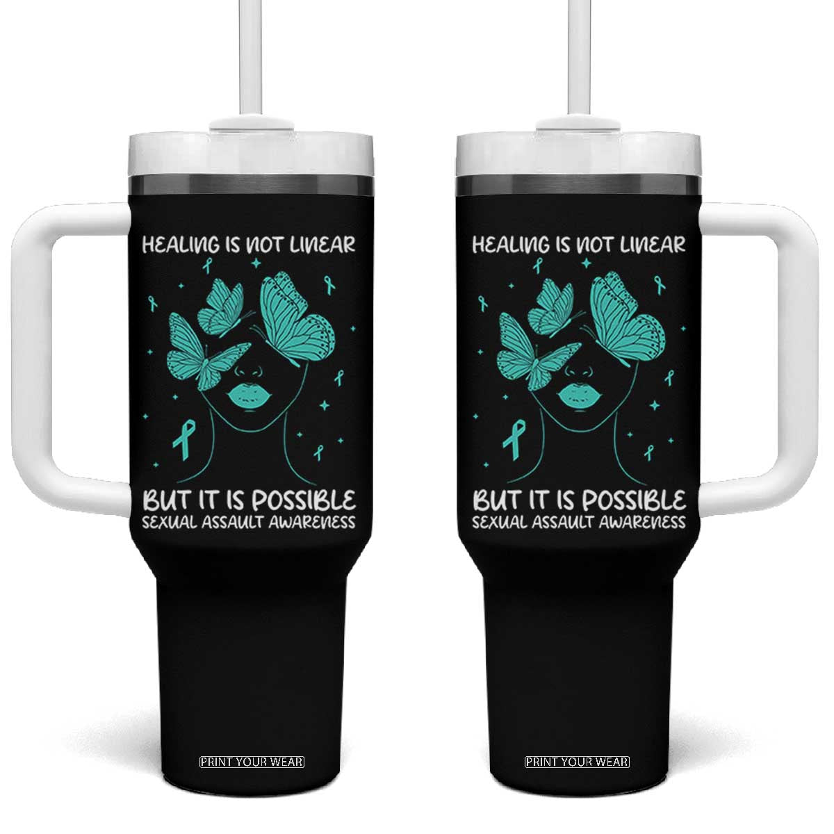 Sexual Assault Awareness Tumbler With Handle Healing Is Not Linear But It Is Possible TS14 One Size: 40 oz Black Print Your Wear