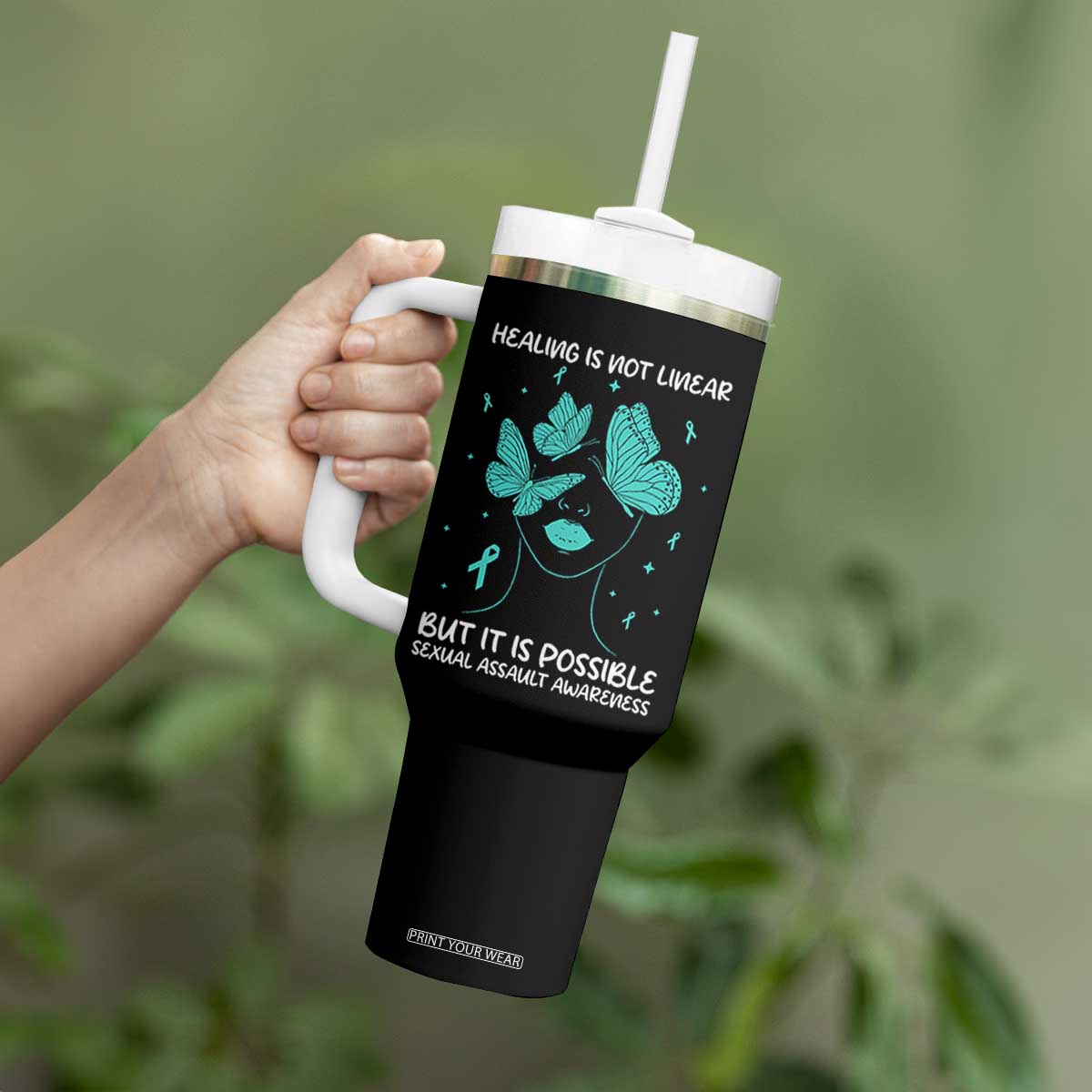 Sexual Assault Awareness Tumbler With Handle Healing Is Not Linear But It Is Possible TS14 Print Your Wear