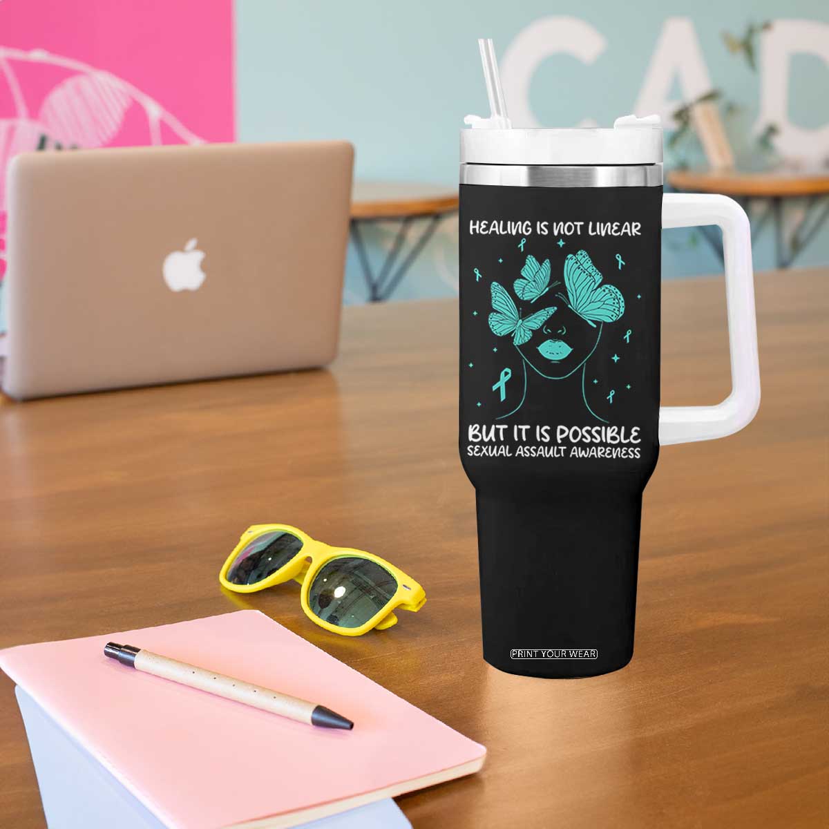 Sexual Assault Awareness Tumbler With Handle Healing Is Not Linear But It Is Possible TS14 Print Your Wear