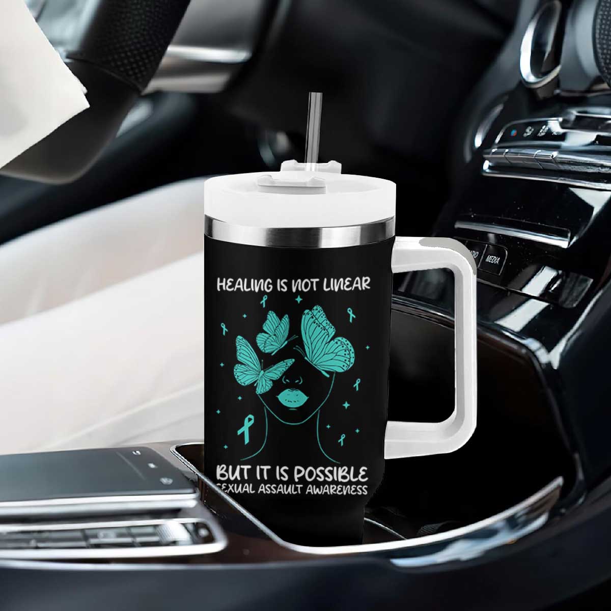 Sexual Assault Awareness Tumbler With Handle Healing Is Not Linear But It Is Possible TS14 Print Your Wear
