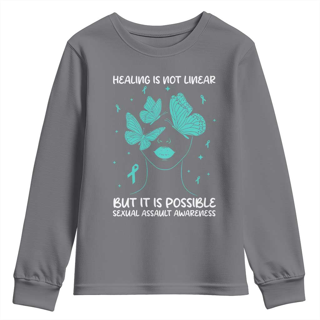 Sexual Assault Awareness Youth Sweatshirt Healing Is Not Linear But It Is Possible TS14 Charcoal Print Your Wear