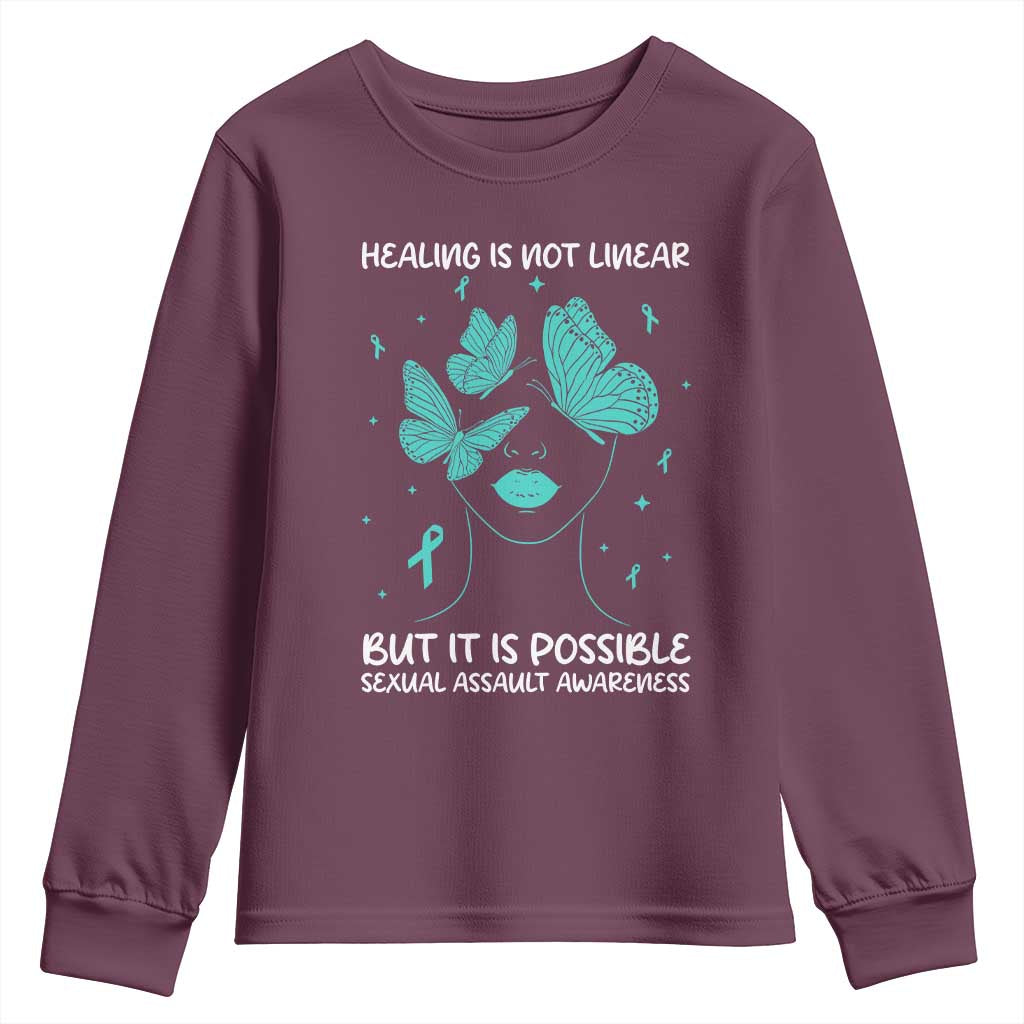 Sexual Assault Awareness Youth Sweatshirt Healing Is Not Linear But It Is Possible TS14 Maroon Print Your Wear
