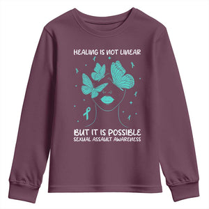 Sexual Assault Awareness Youth Sweatshirt Healing Is Not Linear But It Is Possible TS14 Maroon Print Your Wear