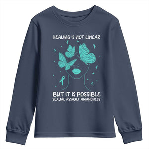 Sexual Assault Awareness Youth Sweatshirt Healing Is Not Linear But It Is Possible TS14 Navy Print Your Wear
