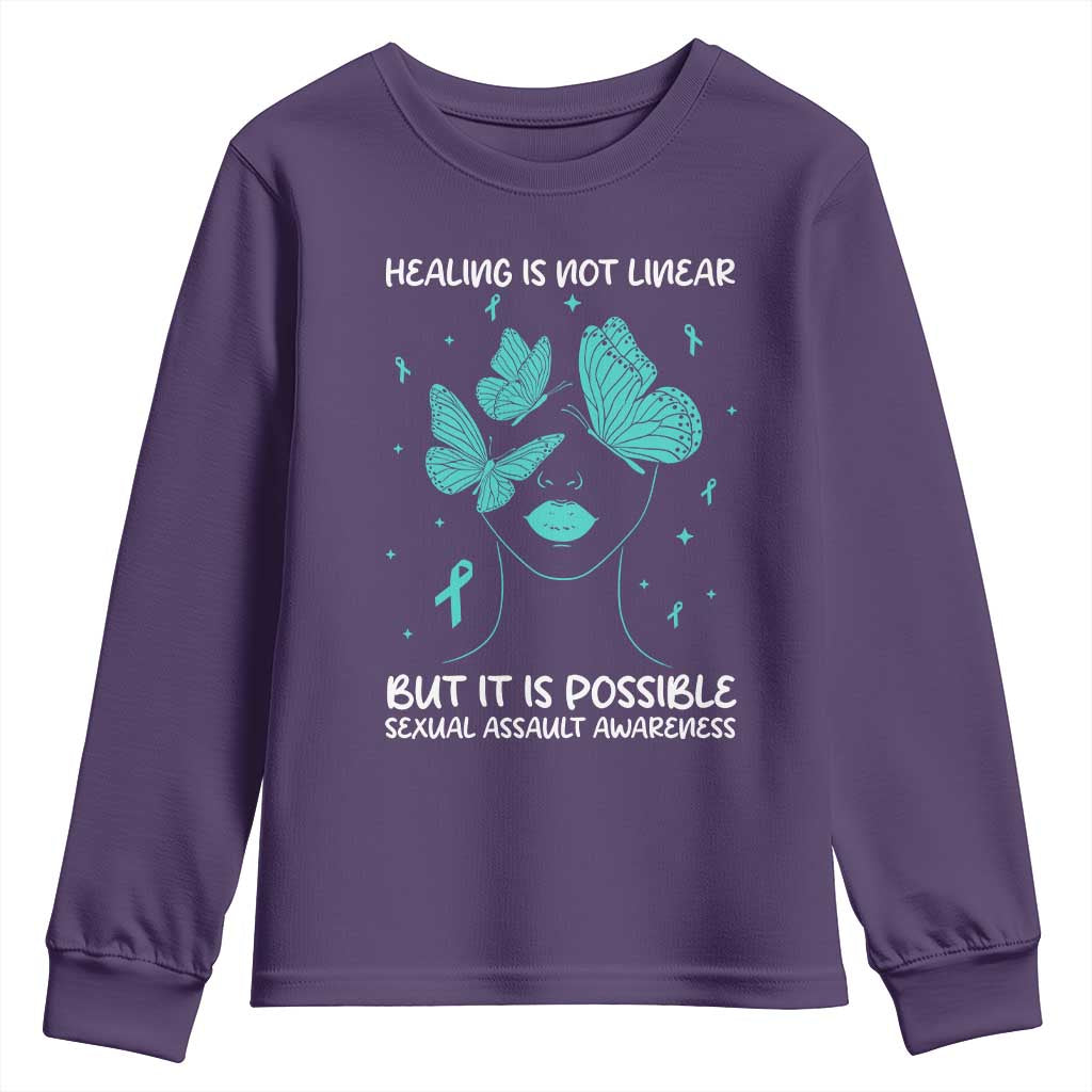 Sexual Assault Awareness Youth Sweatshirt Healing Is Not Linear But It Is Possible TS14 Purple Print Your Wear