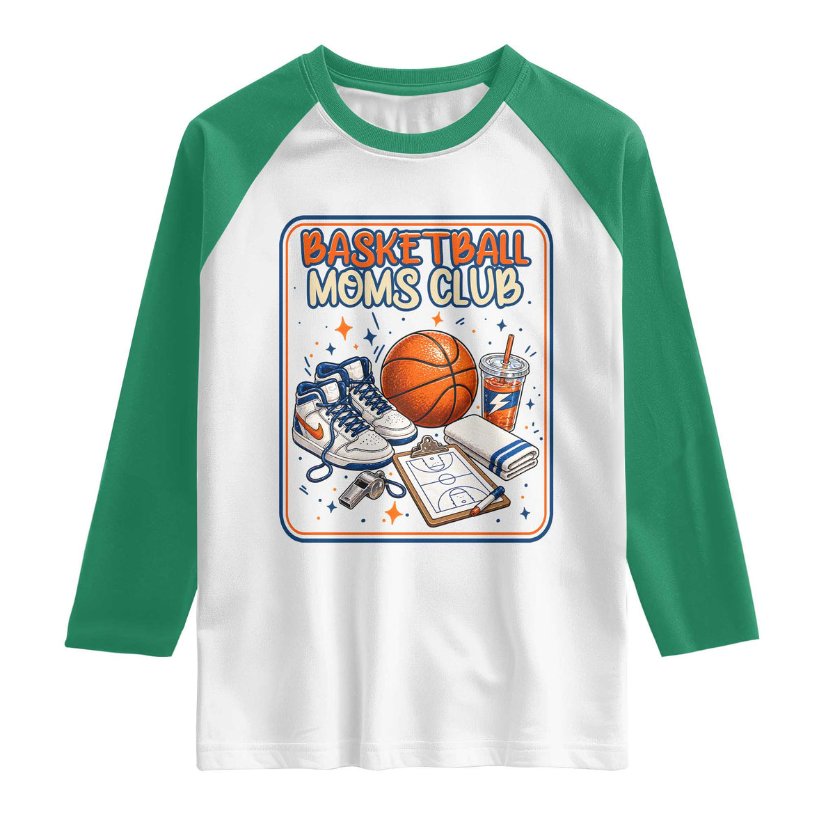 Basketball Moms Club Raglan Shirt Funny Mother’s Day Gift TS14 White Kelly Green Print Your Wear