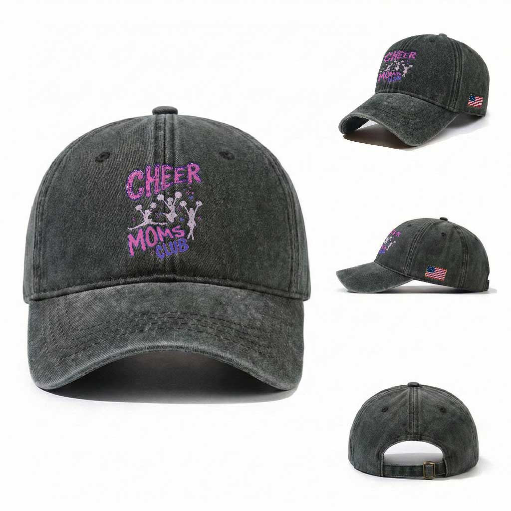 Cheer Moms Club Washed Cotton Baseball Cap Cheerleader Mom Mother’s Day Gift TS14 Washed Cap Universal Fit Dark Green Print Your Wear