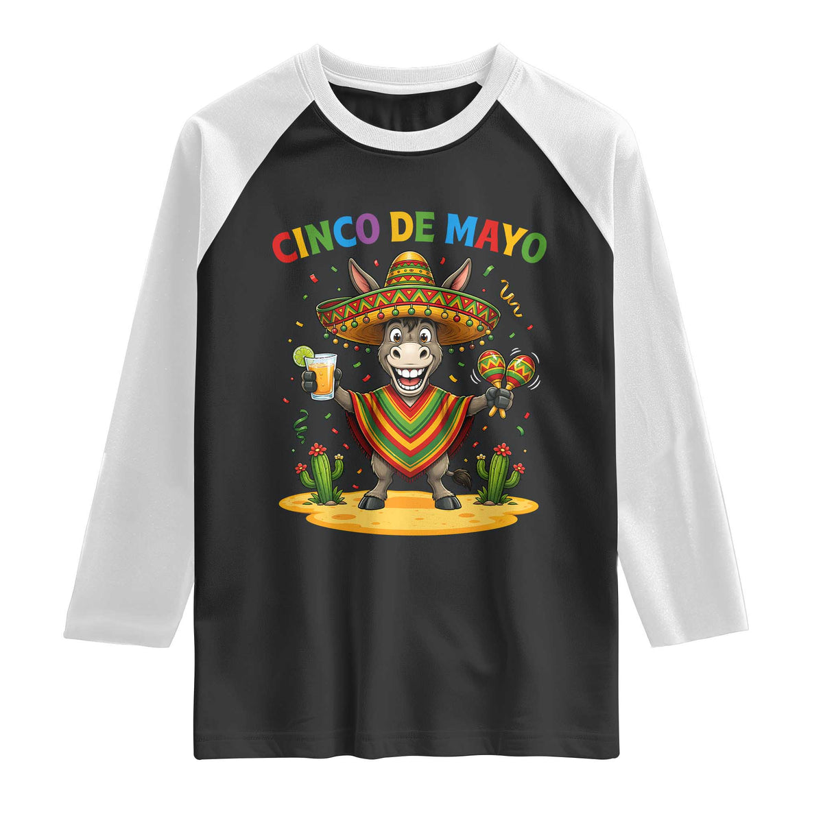 Cinco de Mayo Donkey Mexican Fiesta Raglan Shirt TS14 Black White Print Your Wear