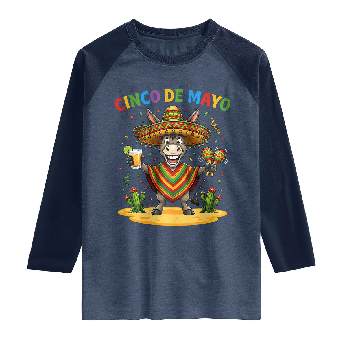 Cinco de Mayo Donkey Mexican Fiesta Raglan Shirt TS14 Heather Denim Navy Print Your Wear