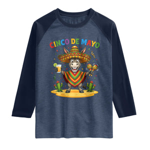 Cinco de Mayo Donkey Mexican Fiesta Raglan Shirt TS14 Heather Denim Navy Print Your Wear