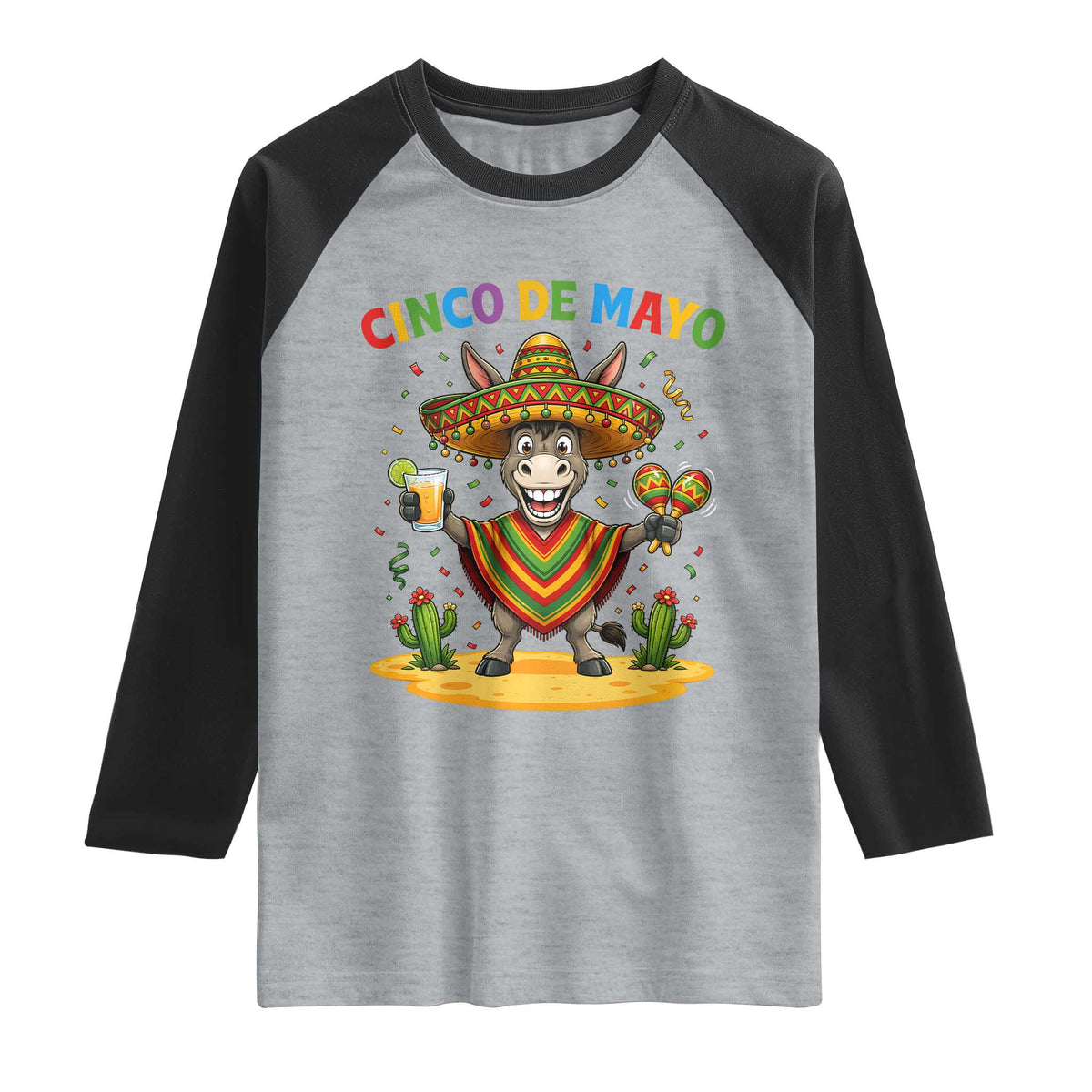 Cinco de Mayo Donkey Mexican Fiesta Raglan Shirt TS14 Heather Gray Black Print Your Wear