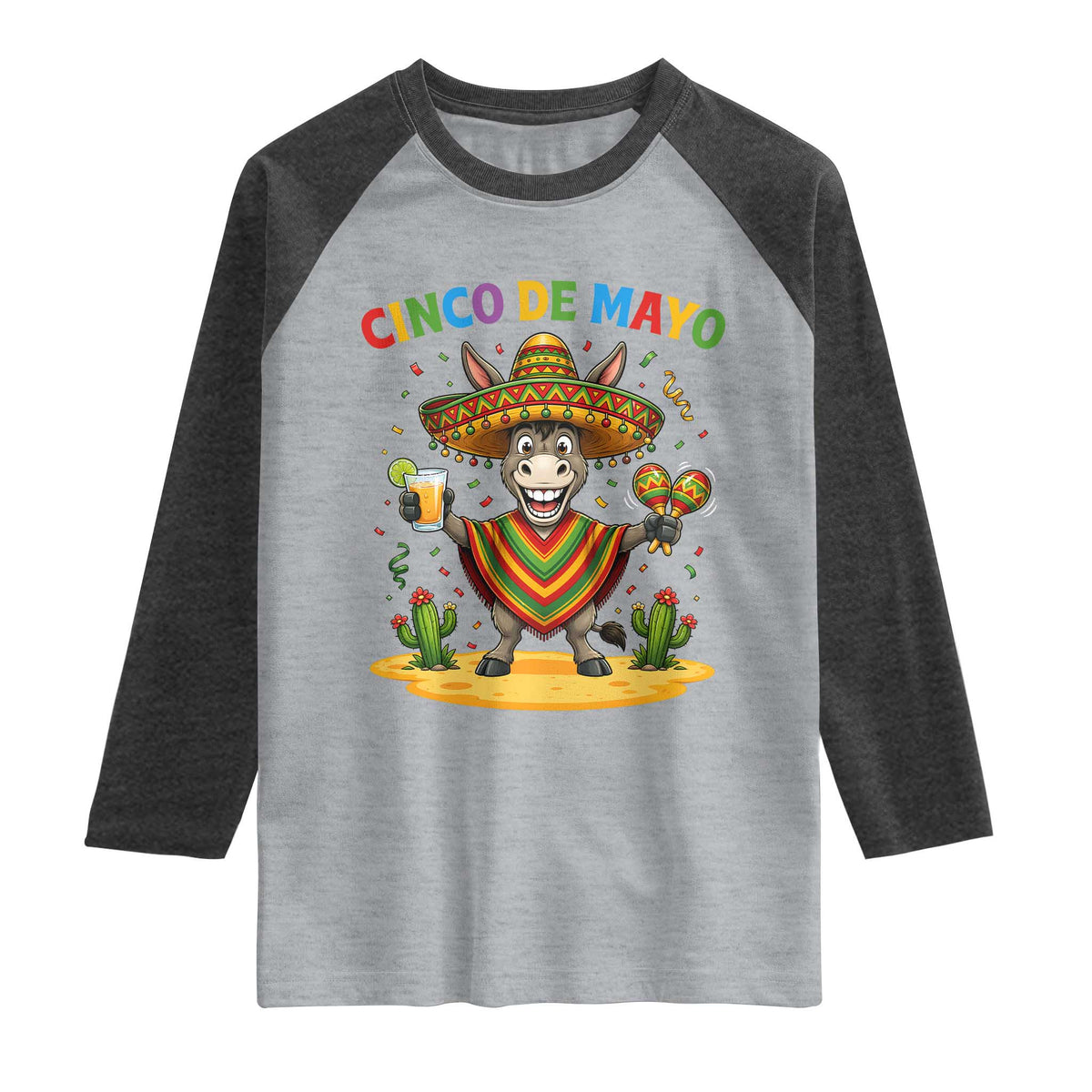 Cinco de Mayo Donkey Mexican Fiesta Raglan Shirt TS14 Heather Gray Heather Charcoal Print Your Wear