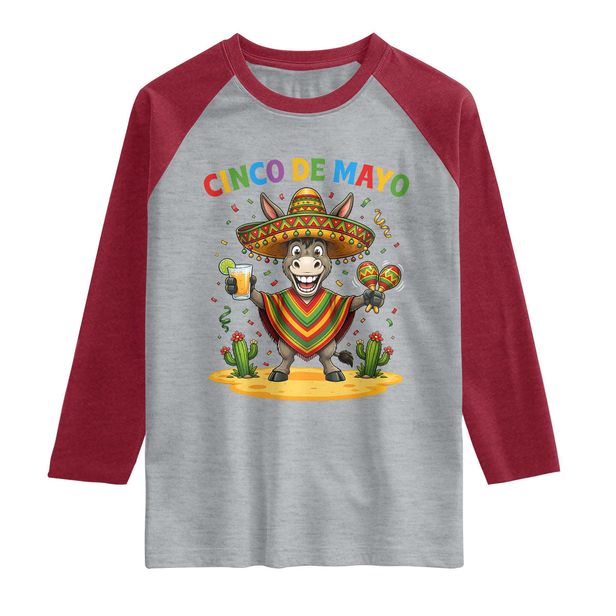 Cinco de Mayo Donkey Mexican Fiesta Raglan Shirt TS14 Heather Gray Heather Red Print Your Wear