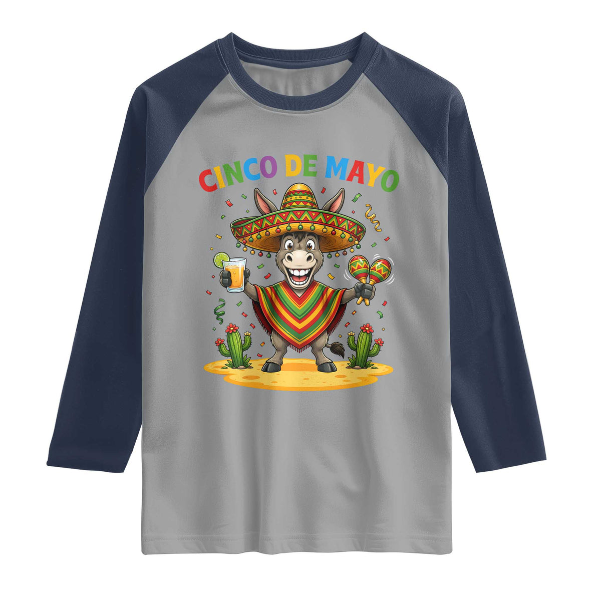 Cinco de Mayo Donkey Mexican Fiesta Raglan Shirt TS14 Sport Gray Navy Print Your Wear
