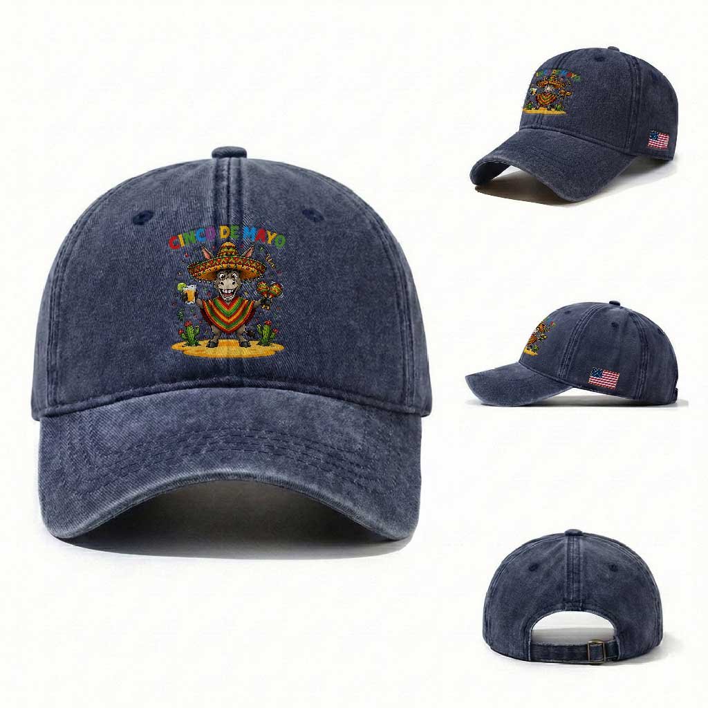Cinco de Mayo Donkey Mexican Fiesta Washed Cotton Baseball Cap TS14 Washed Cap Universal Fit Navy Print Your Wear