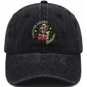 Cinco De Drinko Bitchachos Washed Cotton Baseball Cap Funny Skeleton Drinking Margarita Fiesta Party TS14 Print Your Wear