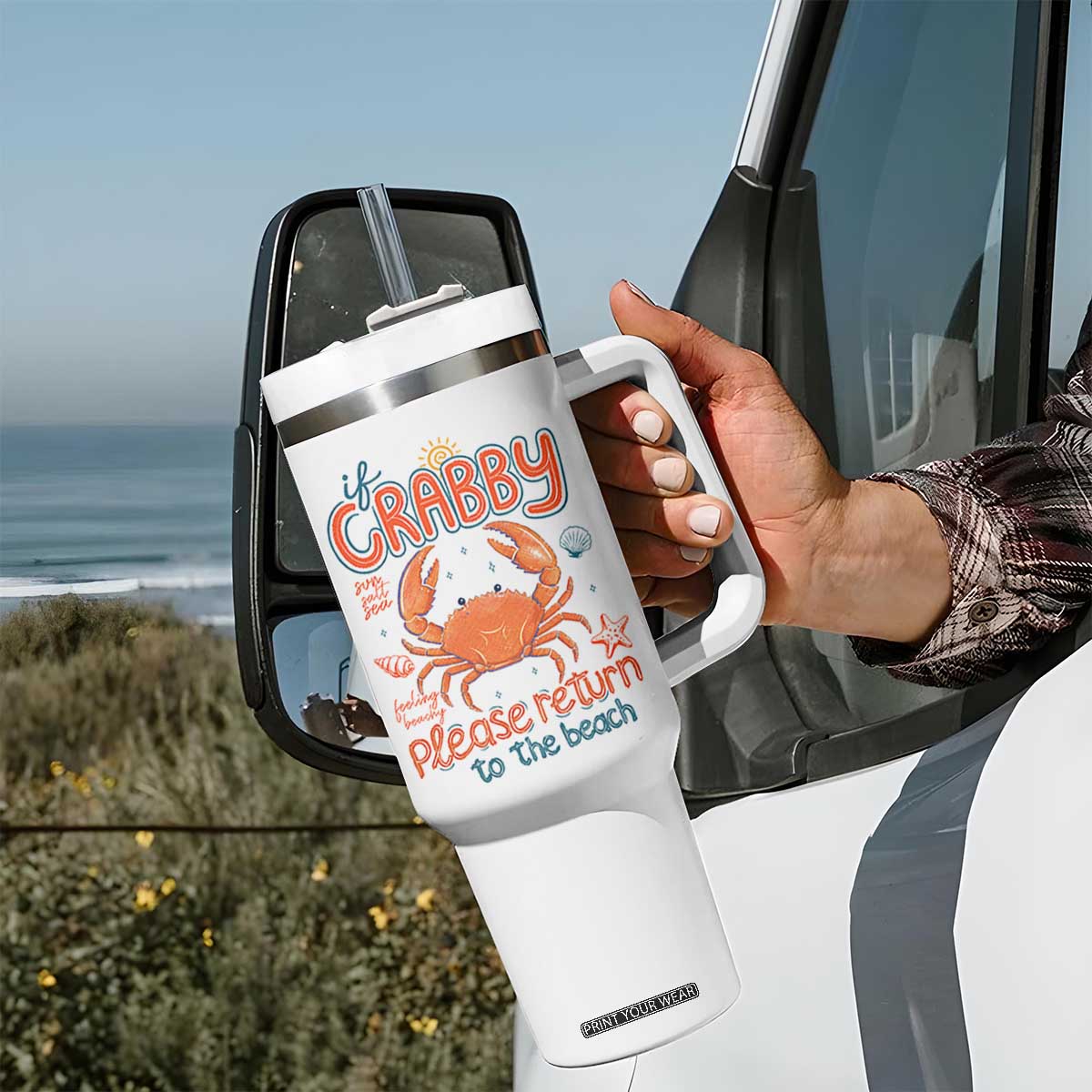 If Crabby Please Return To The Beach Tumbler With Handle Funny Crab Summer Vacatiion TS14 Print Your Wear