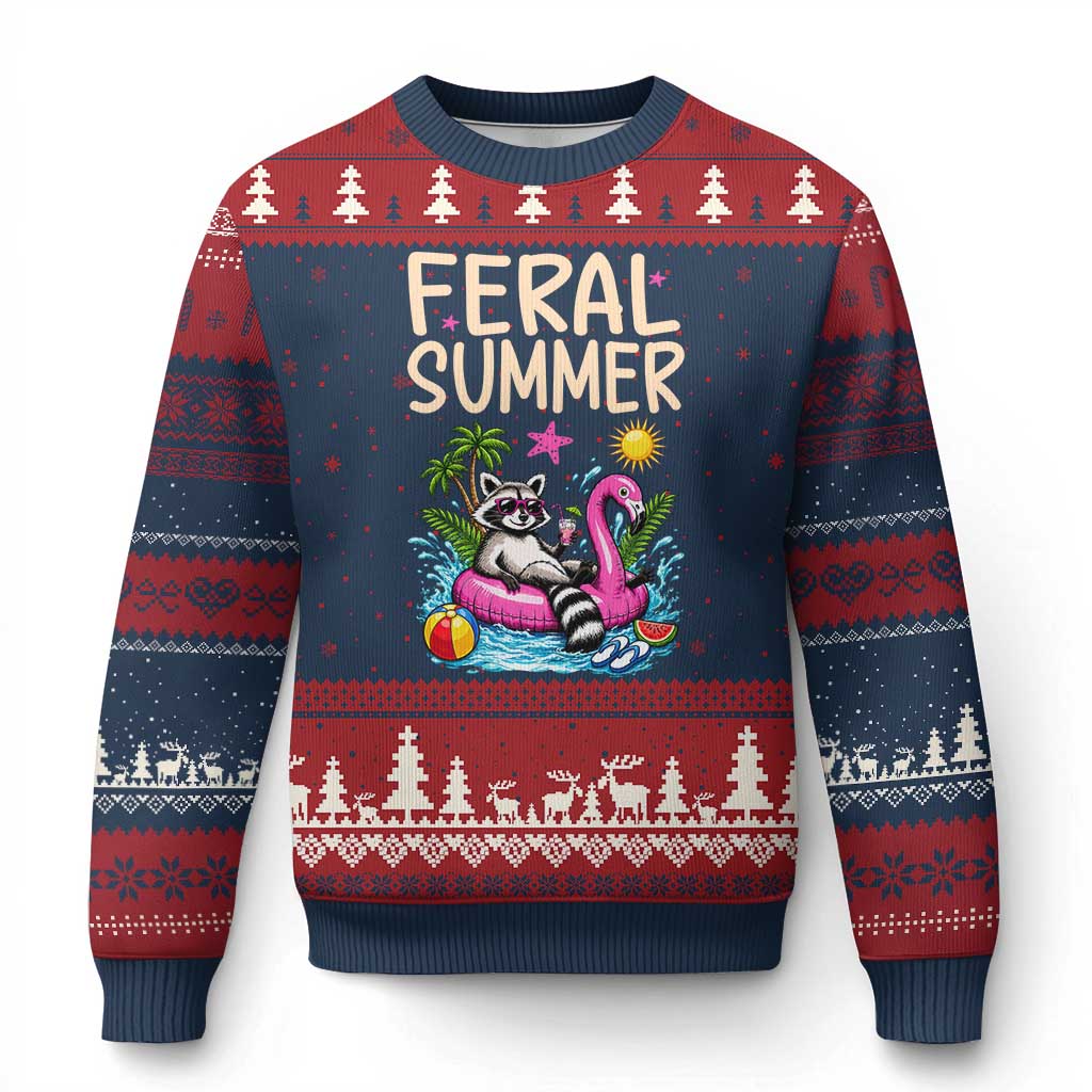 Funny Beach Raccoon Ugly Christmas Sweater Feral Summer Vacation Gift TS14 Navy Red Print Your Wear