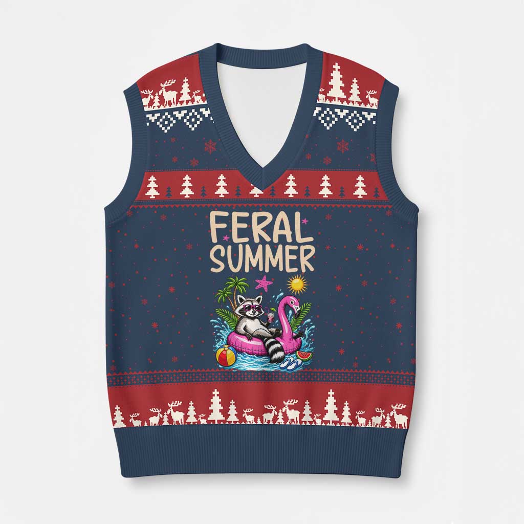 Funny Beach Raccoon V-Neck Knit Sweater Vest Feral Summer Vacation Gift TS14 Navy Red Print Your Wear