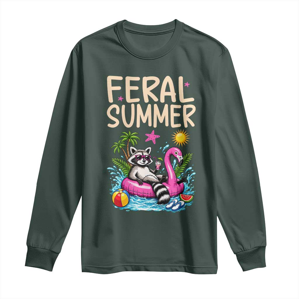 Funny Beach Raccoon Long Sleeve Shirt Feral Summer Vacation Gift TS14 Dark Forest Green Print Your Wear