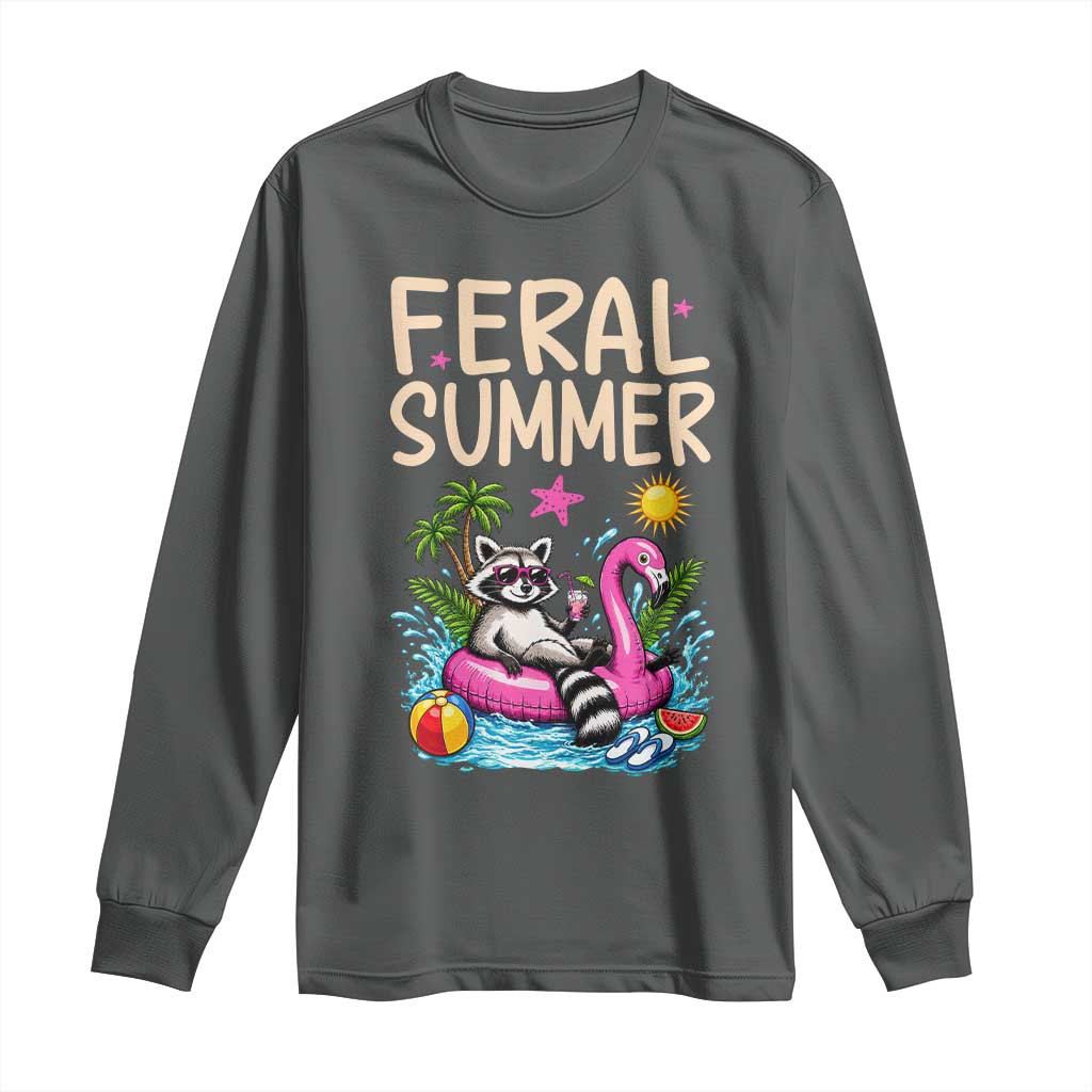 Funny Beach Raccoon Long Sleeve Shirt Feral Summer Vacation Gift TS14 Dark Heather Print Your Wear