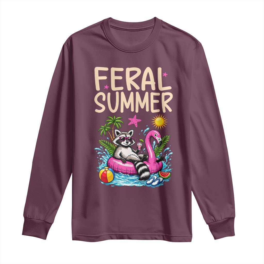 Funny Beach Raccoon Long Sleeve Shirt Feral Summer Vacation Gift TS14 Maroon Print Your Wear