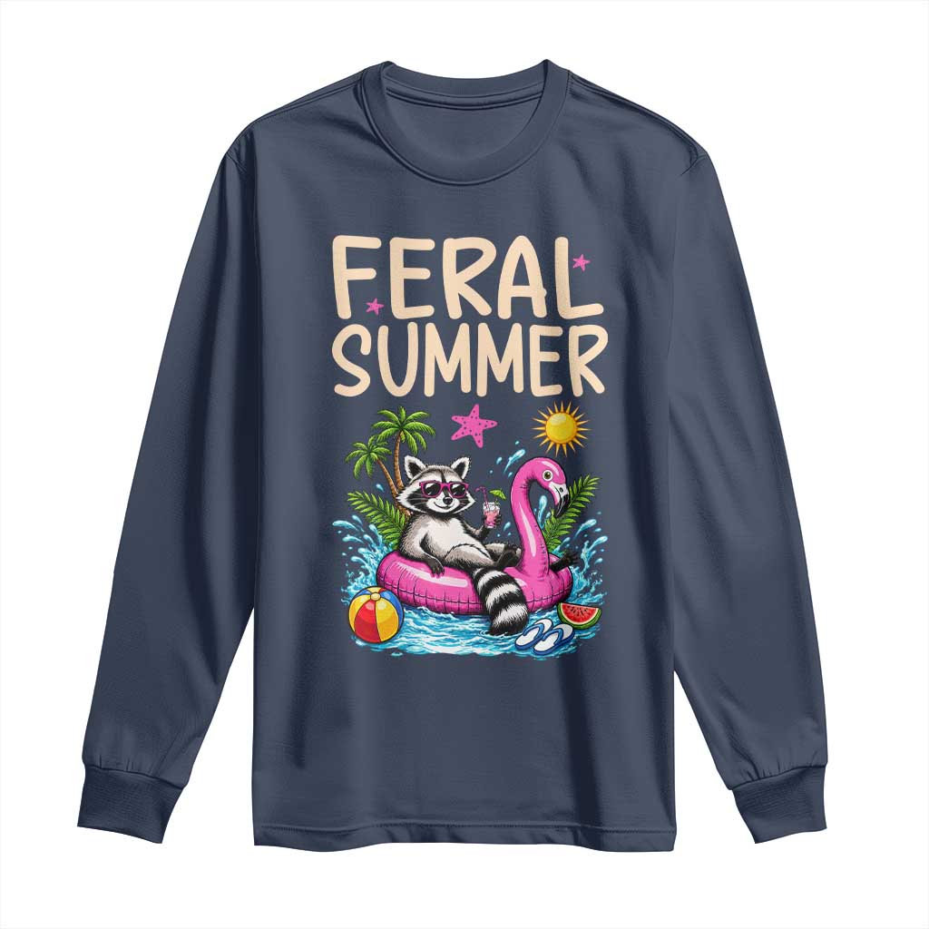 Funny Beach Raccoon Long Sleeve Shirt Feral Summer Vacation Gift TS14 Navy Print Your Wear