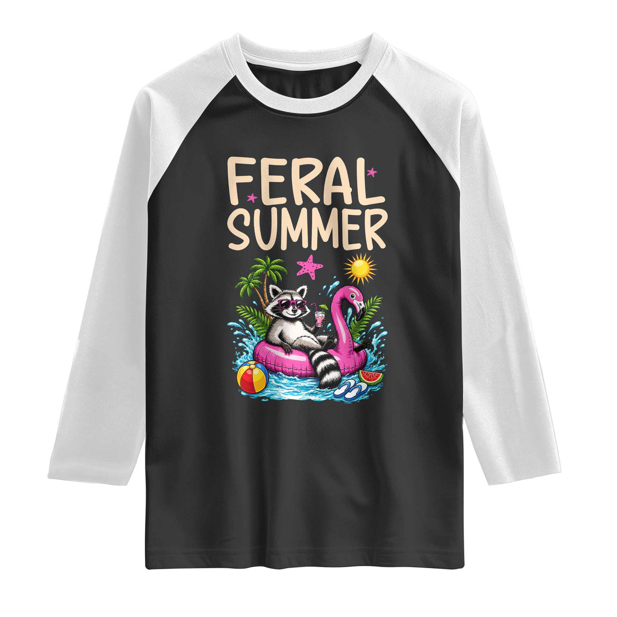Funny Beach Raccoon Raglan Shirt Feral Summer Vacation Gift TS14 Black White Print Your Wear