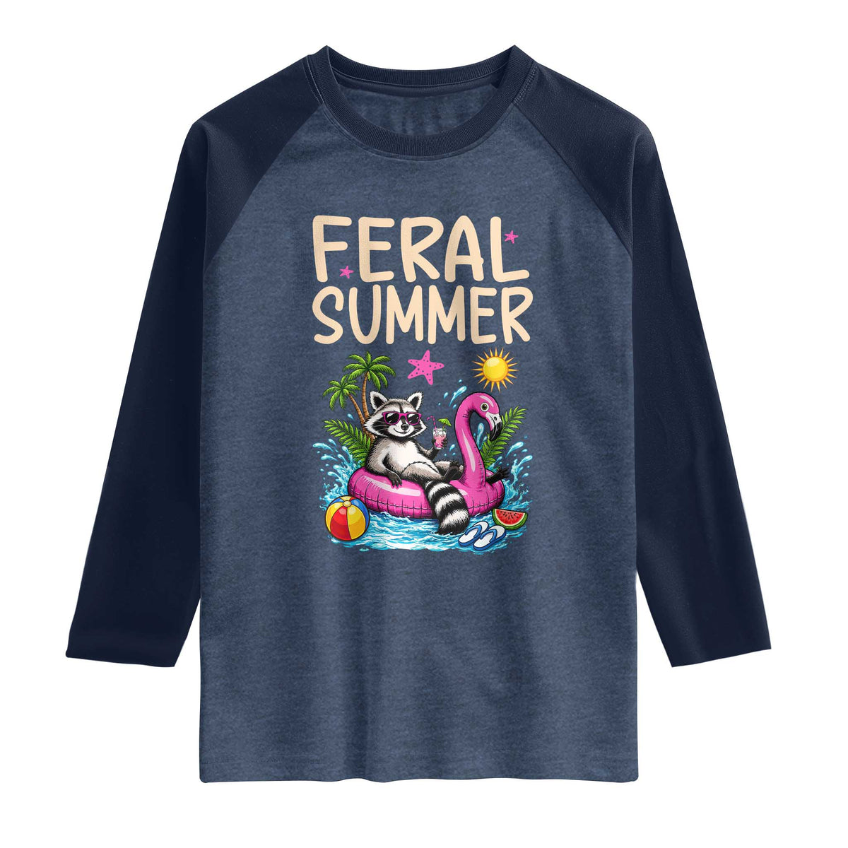 Funny Beach Raccoon Raglan Shirt Feral Summer Vacation Gift TS14 Heather Denim Navy Print Your Wear