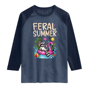 Funny Beach Raccoon Raglan Shirt Feral Summer Vacation Gift TS14 Heather Denim Navy Print Your Wear