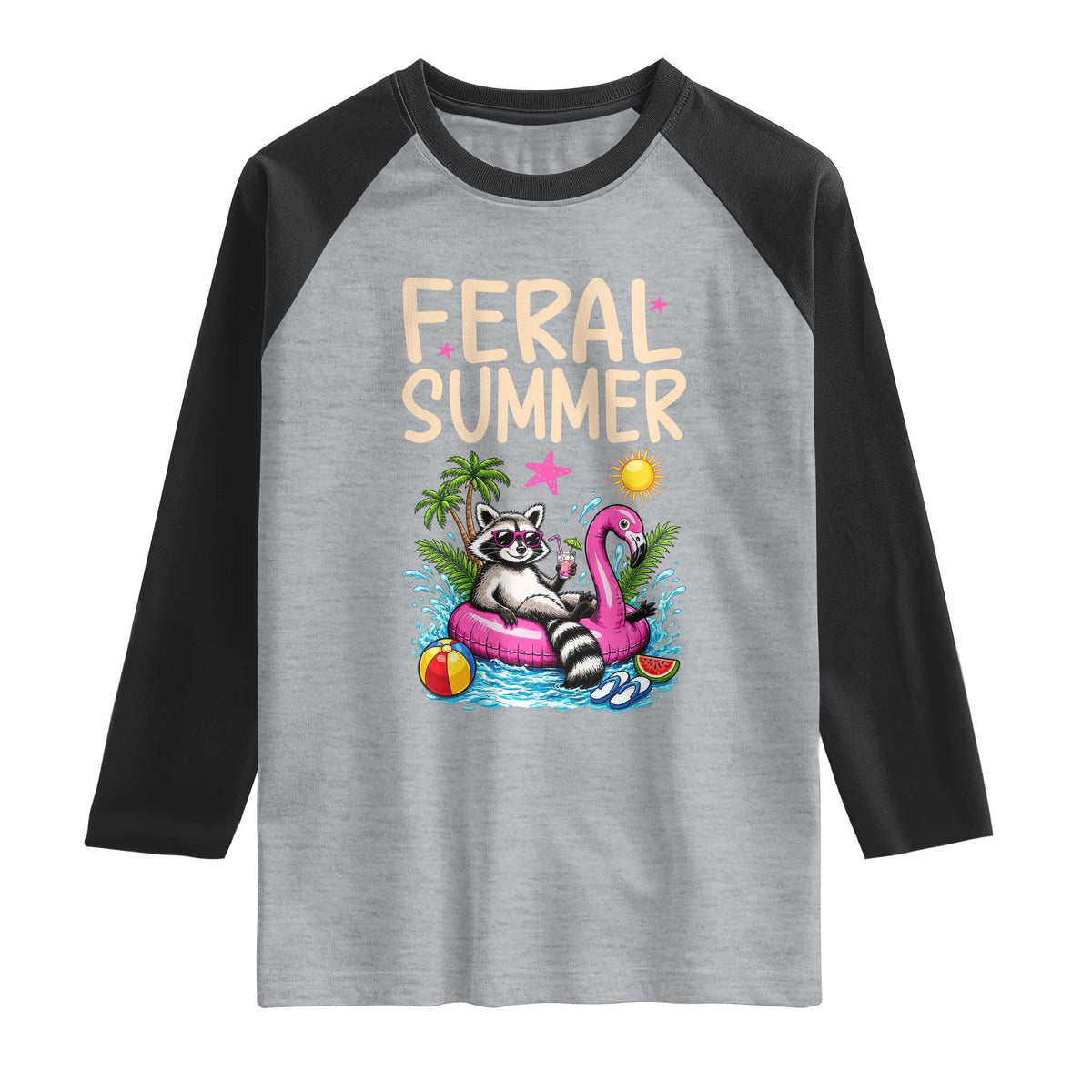 Funny Beach Raccoon Raglan Shirt Feral Summer Vacation Gift TS14 Heather Gray Black Print Your Wear