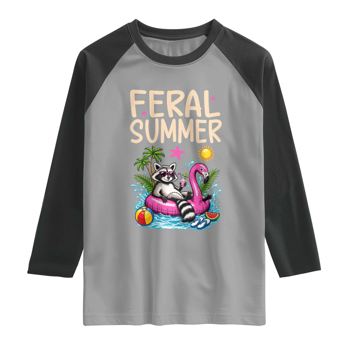 Funny Beach Raccoon Raglan Shirt Feral Summer Vacation Gift TS14 Sport Gray Black Print Your Wear