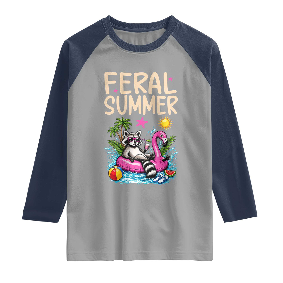 Funny Beach Raccoon Raglan Shirt Feral Summer Vacation Gift TS14 Sport Gray Navy Print Your Wear