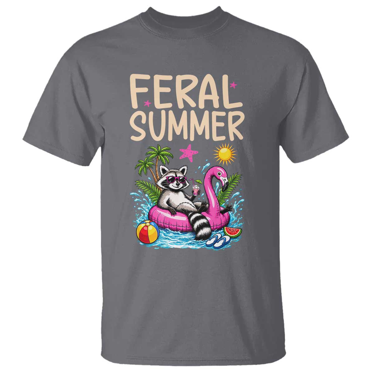 Funny Beach Raccoon T Shirt Feral Summer Vacation Gift TS14 Charcoal Print Your Wear