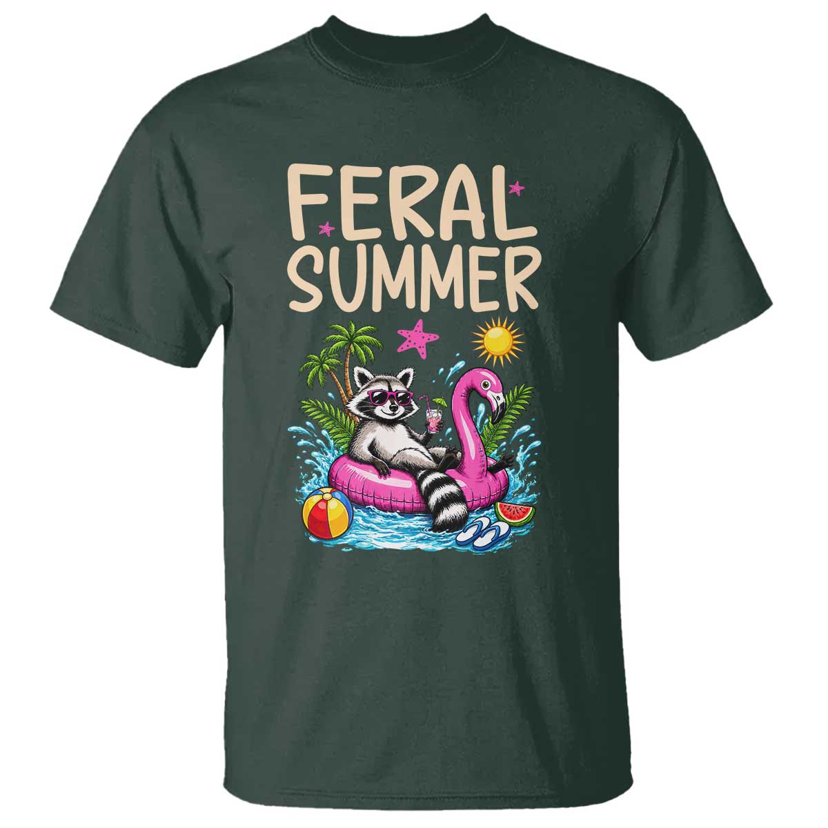 Funny Beach Raccoon T Shirt Feral Summer Vacation Gift TS14 Dark Forest Green Print Your Wear