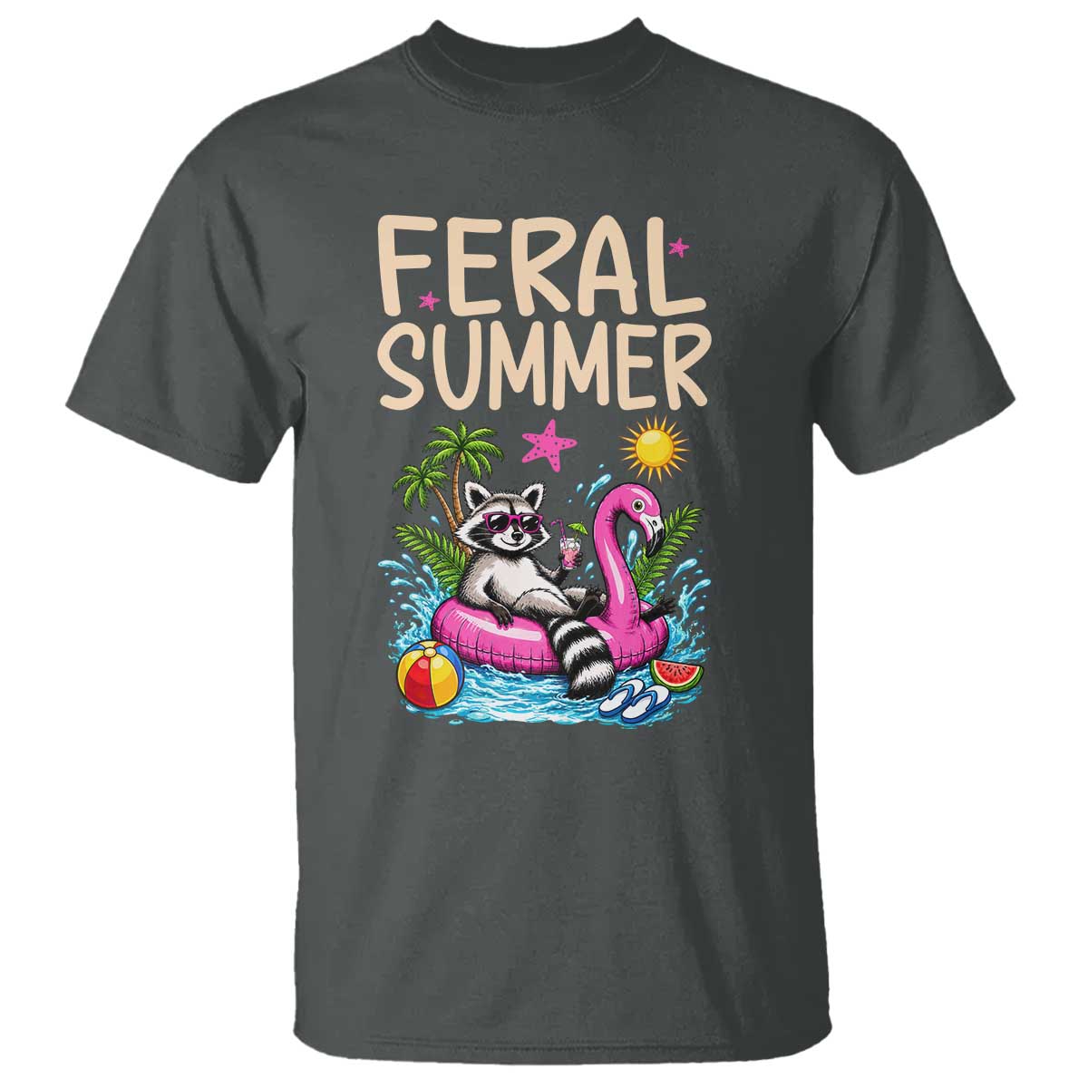 Funny Beach Raccoon T Shirt Feral Summer Vacation Gift TS14 Dark Heather Print Your Wear