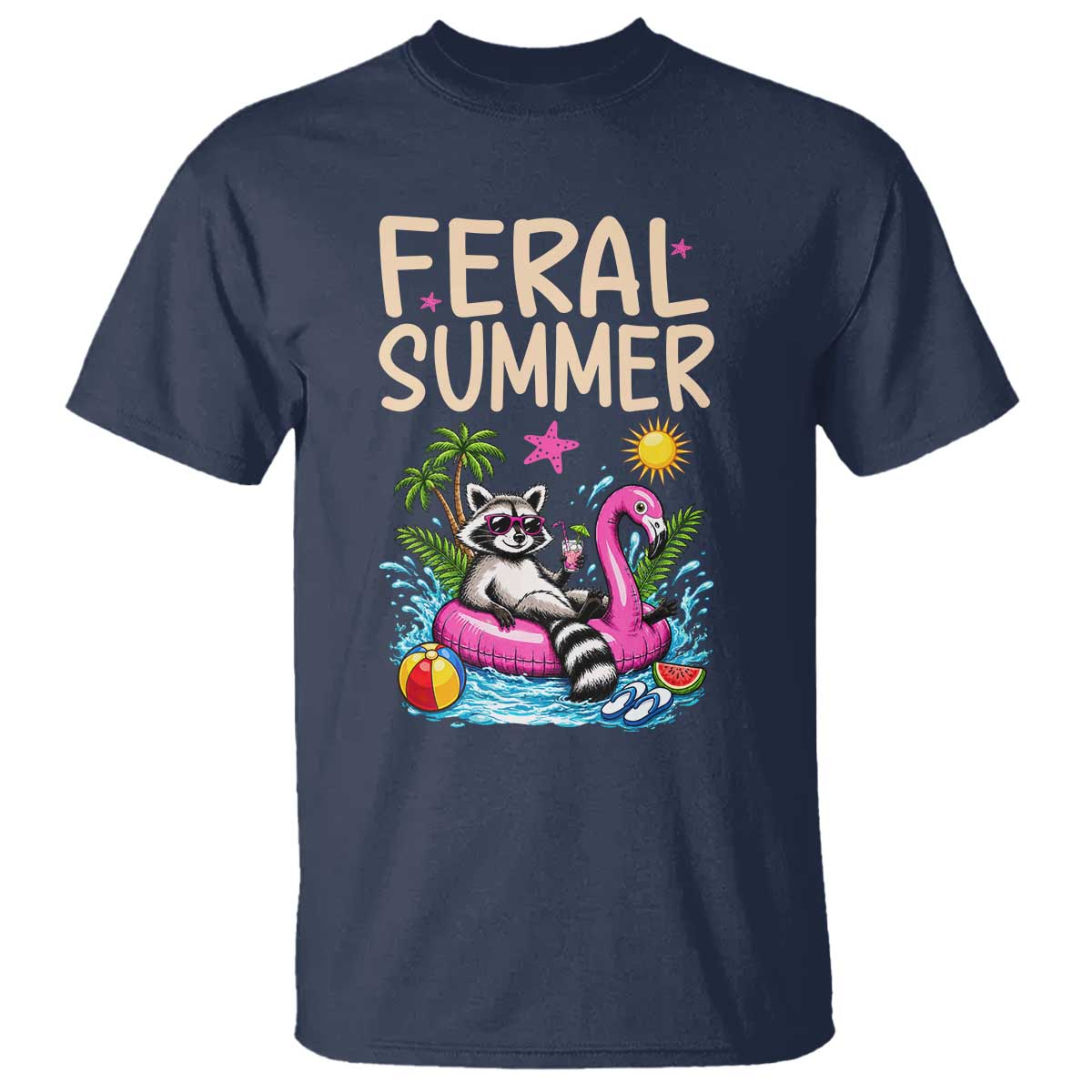 Funny Beach Raccoon T Shirt Feral Summer Vacation Gift TS14 Navy Print Your Wear
