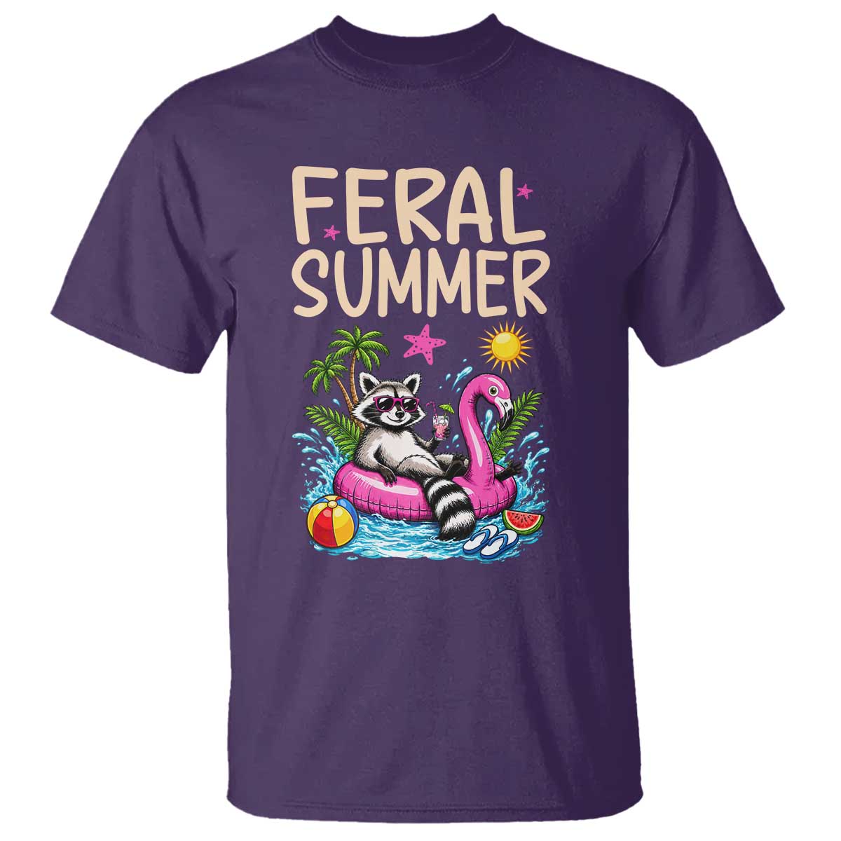 Funny Beach Raccoon T Shirt Feral Summer Vacation Gift TS14 Purple Print Your Wear
