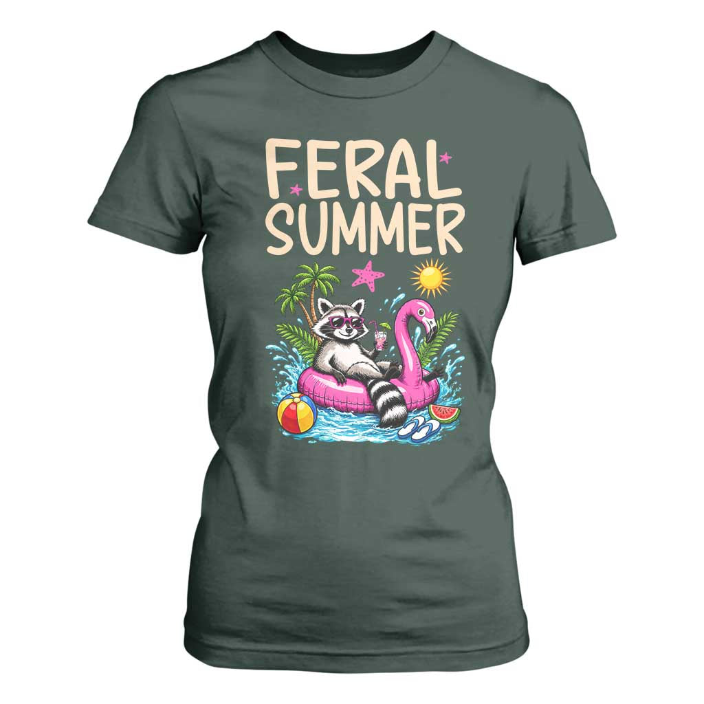 Funny Beach Raccoon T Shirt For Women Feral Summer Vacation Gift TS14 Dark Forest Green Print Your Wear