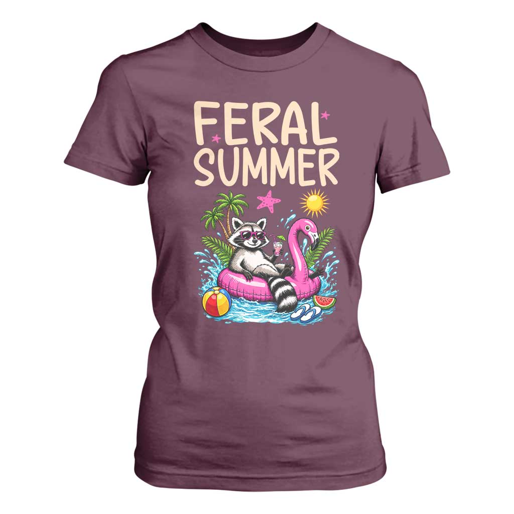 Funny Beach Raccoon T Shirt For Women Feral Summer Vacation Gift TS14 Maroon Print Your Wear