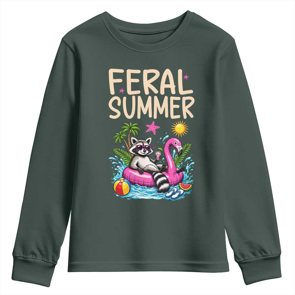 Funny Beach Raccoon Youth Sweatshirt Feral Summer Vacation Gift TS14 Dark Forest Green Print Your Wear
