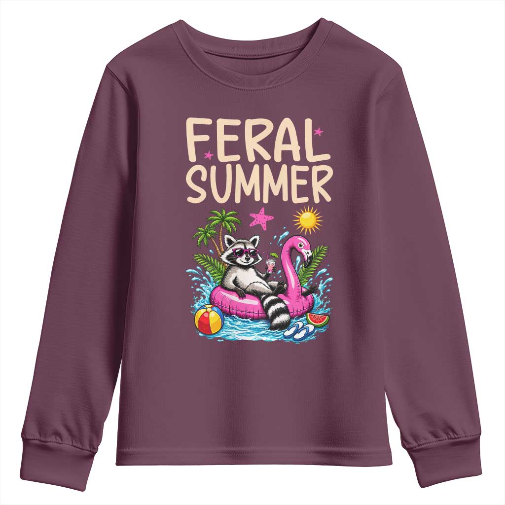 Funny Beach Raccoon Youth Sweatshirt Feral Summer Vacation Gift TS14 Maroon Print Your Wear