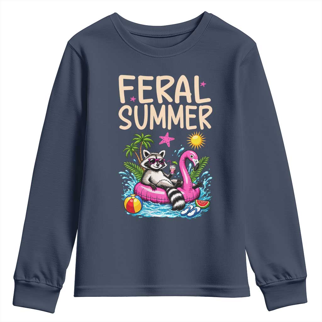 Funny Beach Raccoon Youth Sweatshirt Feral Summer Vacation Gift TS14 Navy Print Your Wear