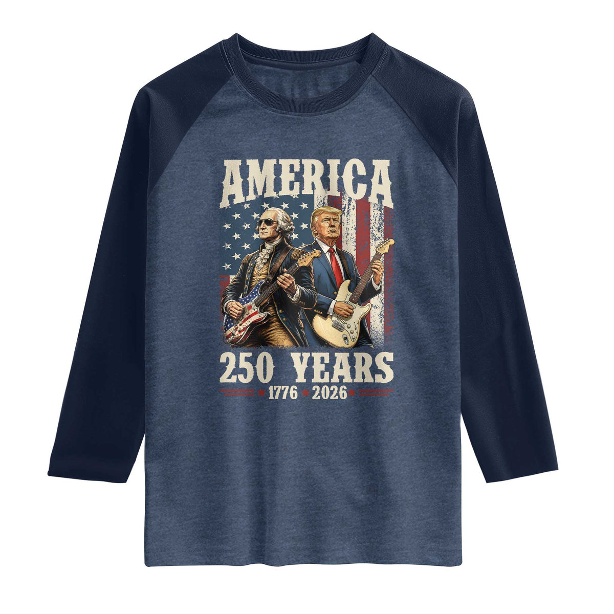 250 Years America Anniversary Raglan Shirt Vintage President Playing Guitar 4th of July