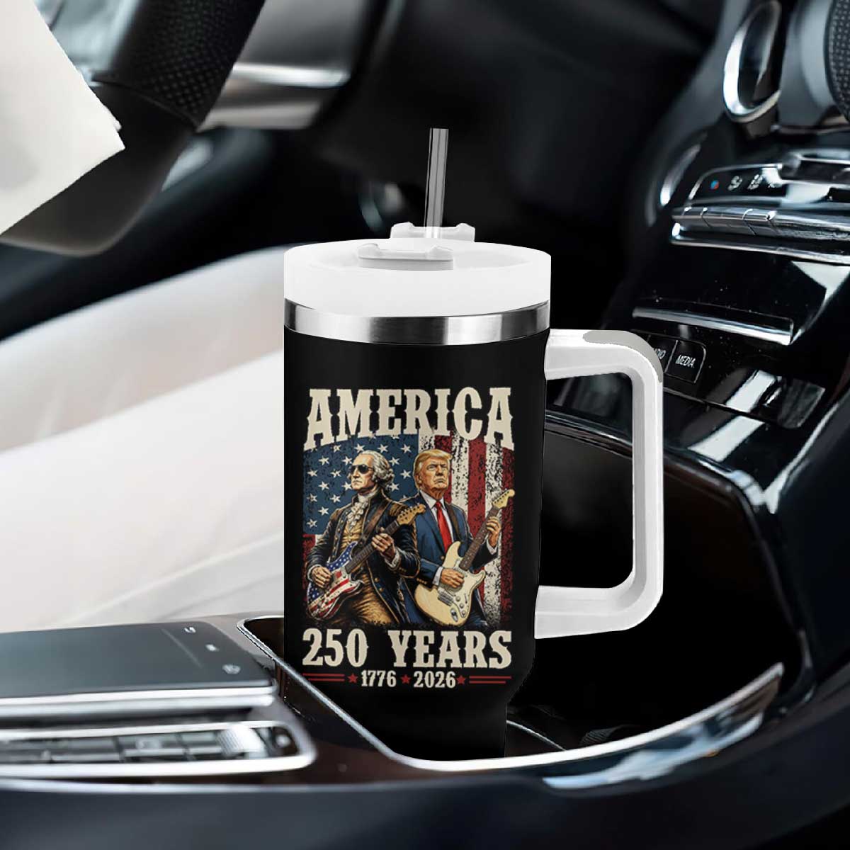 250 Years America Anniversary Tumbler With Handle Vintage President Playing Guitar 4th of July