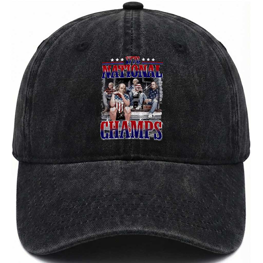 1776 National Champs Washed Cotton Baseball Cap Funny Founding Father USA 250th Anniversary