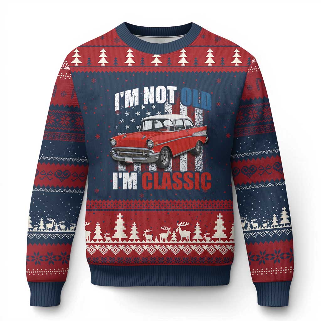 I'm Not Old I'm Classic Ugly Christmas Sweater American Classic Collector Car US Flag TS14 Navy Red Print Your Wear