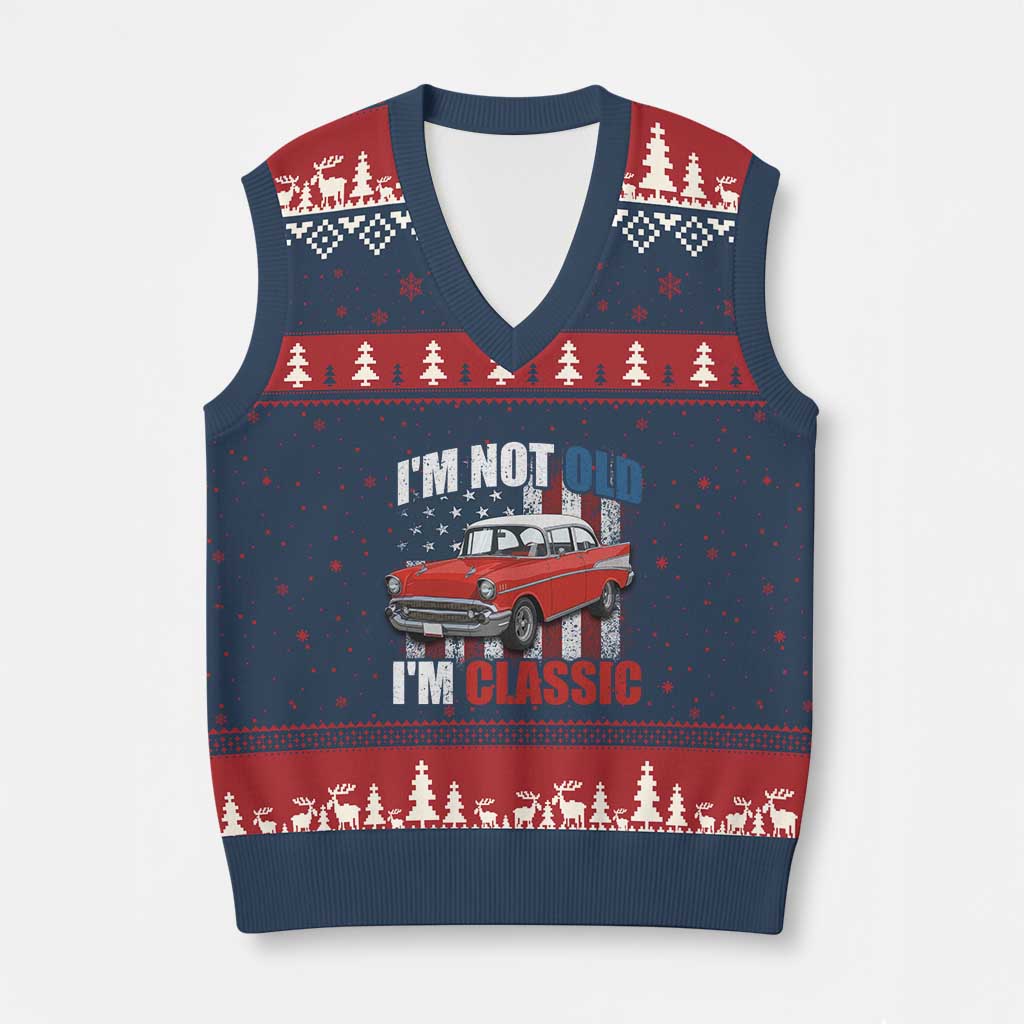I'm Not Old I'm Classic V-Neck Knit Sweater Vest American Classic Collector Car US Flag